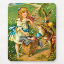 Vintage Easter Card With Girl And Bunnies Mousepads