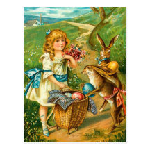 Vintage Easter Card With Girl And Bunnies Post Card