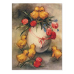 Vintage Easter Chicks, Red Tulip Flowers on Egg Post Card