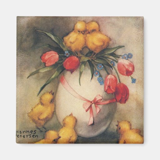 Vintage Easter Chicks with Red Tulips in an Egg Magnets