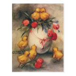 Vintage Easter Chicks with Red Tulips in an Egg Post Card