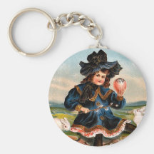 Vintage Easter Girl and Bunnies Keychain