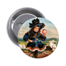 Vintage Easter Girl and Bunnies Round Button