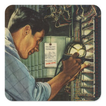 Vintage Electrician Examining Circuit Breakers Square Sticker