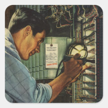 Vintage Electrician Examining Circuit Breakers Square Sticker