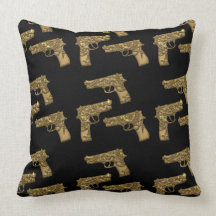 Vintage Embossed Golden Gun On Black Throw Pillow