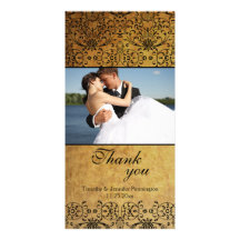 Vintage faded black gold damask wedding thank you photo card template