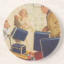 Vintage Family Vacation, Dad Children Suitcases Beverage Coaster