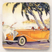 Vintage Family Vacation in a Convertible Car Coaster