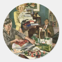 Vintage Family Wrapping Presents on Christmas Eve Sticker