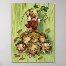 Vintage Four Leaf Clover Pig Gold St Patrick's Day Print