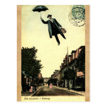 Vintage French Chic Umbrella Flying Man Post Card