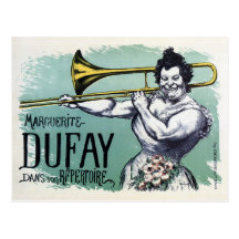 Vintage funny strong woman playing the trombone post card