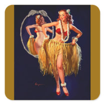 Vintage Gil Elvgren Hula Hawaiian Pin UP Girl Square Sticker