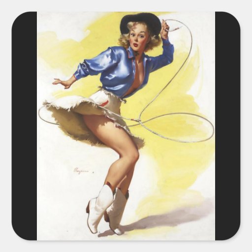 Vintage Gil Elvgren Western Cowgirl Pin UP Girl Square Sticker