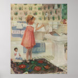Vintage Girl, Child Doing Laundry Hanging Clothes Poster