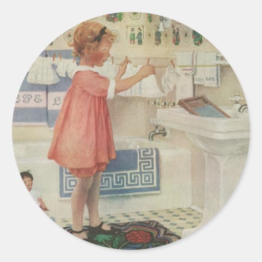 Vintage Girl, Child Doing Laundry Hanging Clothes Round Stickers