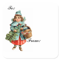 Vintage Girl Christmas Tree Gift Tag Sticker
