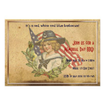 Vintage Girl with Flags Memorial Day Personalized Invite