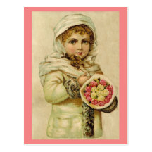 Vintage Girl With Roses Postcard