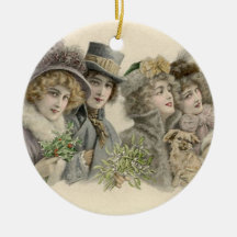 Vintage Girls and Dog Holiday Card Christmas Tree Ornament