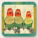 Vintage Golden Love Birds Cork Coaster