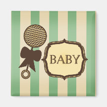 Vintage Green Stripes Rattle Baby Shower Favour Fridge Magnets