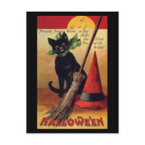 Vintage Halloween Black Cat, Witch's Broom and Hat Post Cards