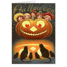 Vintage Halloween Children and Cats Card