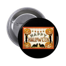 Vintage Halloween, Retro Black Cats Pumpkins Pinback Buttons