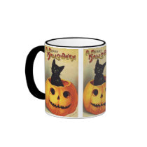 Vintage Halloween Smiling Black Cat in Pumpkin Mugs