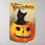 Vintage Halloween Smiling Black Cat in Pumpkin posters