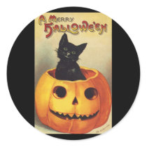 Vintage Halloween Smiling Black Cat in Pumpkin Round Sticker