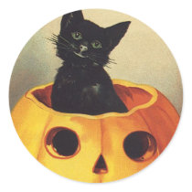 Vintage Halloween Smiling Black Cat in Pumpkin Round Sticker
