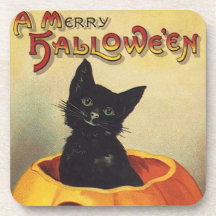 Vintage Halloween Smiling Cute Black Cat Pumpkin Beverage Coasters