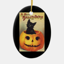 Vintage Halloween Smiling Cute Black Cat Pumpkin Christmas Tree Ornaments
