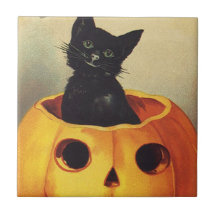 Vintage Halloween Smiling Cute Black Cat Pumpkin Ceramic Tiles