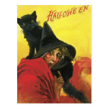 Vintage Halloween Witch and Cat Post Card