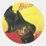 Vintage Halloween Witch and Cat Round Stickers
