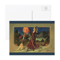 Vintage Halloween Witch Dancing with a Broom Post Card