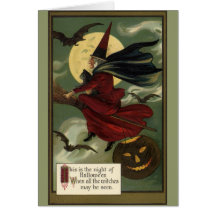 Vintage Halloween Witch Riding a Broom and Moon Greeting Cards