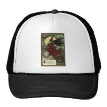 Vintage Halloween Witch Riding a Broom and Moon Mesh Hat