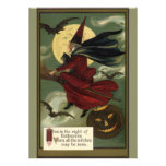 Vintage Halloween Witch Riding a Broom and Moon Invites
