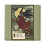 Vintage Halloween Witch Riding a Broom and Moon Magnet