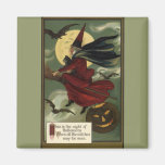 Vintage Halloween Witch Riding a Broom and Moon Magnet