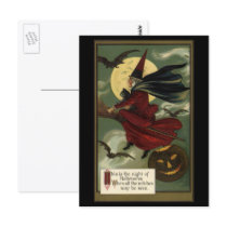 Vintage Halloween Witch Riding a Broom and Moon Postcards