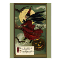 Vintage Halloween Witch Riding a Broom and Moon Postcards