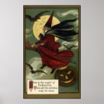 Vintage Halloween Witch Riding a Broom and Moon Poster