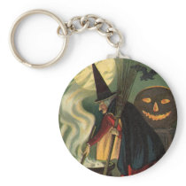 Vintage Halloween Witch Stirring Magic Cauldron Keychain