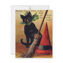 Vintage Halloween with a Black Cat, Broom and Hat Invites